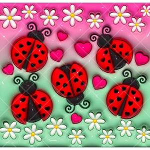 May include: A digital pattern featuring four red ladybirds with black heart-shaped spots, scattered pink hearts, and white daisies with yellow centres. The background transitions from a soft pink at the top to a light mint green at the bottom.