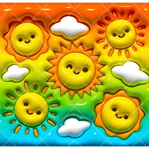 May include: A square graphic featuring four yellow suns with smiling faces and three white clouds set against a vibrant rainbow gradient background. The suns have orange rays and the overall design has a glossy, three-dimensional embossed appearance.