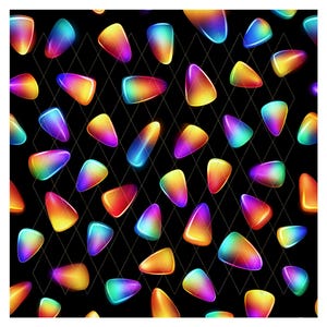 Puede incluir: Un patrón repetitivo sobre un fondo negro que presenta numerosas formas triangulares pequeñas con un degradado vibrante de colores que van del amarillo y naranja al rosa, morado y azul, creando un efecto brillante y luminoso.
