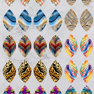 May include: A collection of colorful, teardrop-shaped earrings with various designs. Styles include abstract patterns, agate, leopard print, and feather motifs. The earrings are displayed on a light gray marble surface.