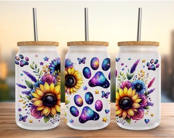 Sonnenblume Pfoten Sublimationstransfer: 16 Unzen Glass Cup Wrap ( 9,5 "x 4,75 ") -NICHT DIGITAL