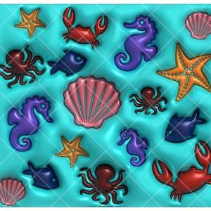 May include: A silicone mould featuring a bright turquoise background with various embossed sea life shapes including orange starfish, red crabs, purple seahorses, dark blue fish, and pink seashells arranged in a repeating pattern across the surface.