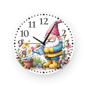 May include: A white wall clock featuring a cheerful garden gnome watering flowers. The gnome wears a red hat, blue jacket, yellow boots, and gloves. The clock face has black numbers and hands, with a dotted border. Colorful flowers surround the gnome.