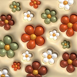 May include: A repeating pattern on a cream-coloured background featuring three-dimensional flowers in shades of orange, brown, white, and sage green. Each flower has five rounded petals and a raised, circular yellow centre, creating a textured effect.