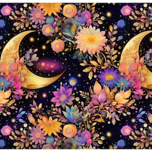 Puede incluir: Un patrón repetitivo que presenta lunas crecientes doradas intercaladas con flores vibrantes en tonos rosa, morado, naranja y azul. El diseño se sitúa sobre un fondo oscuro lleno de pequeñas estrellas amarillas brillantes y puntos de luz.
