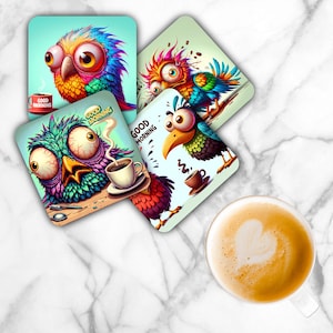 May include: Four square drink coasters featuring colorful cartoon birds with wide eyes and the text Good Morning. Each coaster displays a different bird illustration with coffee cups, steam, and vibrant plumage in shades of blue, red, and yellow.