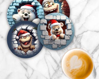 4" Funny 3D Santas Round Coaster Sublimation Transfer Sheet: 4 Per Sheet-Ready to Press