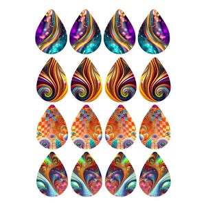 Puede incluir: Dieciséis elementos decorativos en forma de lágrima. Cada uno presenta un diseño único y vibrante con patrones arremolinados y una variedad de colores, incluyendo púrpura, dorado, naranja y turquesa. Los diseños tienen un estilo psicodélico o abstracto.