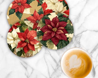 4" Poinsettia  Round Coaster Sublimation Transfer Sheet: 4 Per Sheet-Ready to Press