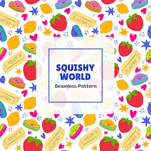 Puede incluir: Un patrón continuo con ilustraciones de fresas rojas, barras de mantequilla amarillas etiquetadas con 40g y dumplings sonrientes. El centro contiene un marco cuadrado azul con el texto SQUISHY WORLD Seamless Pattern.