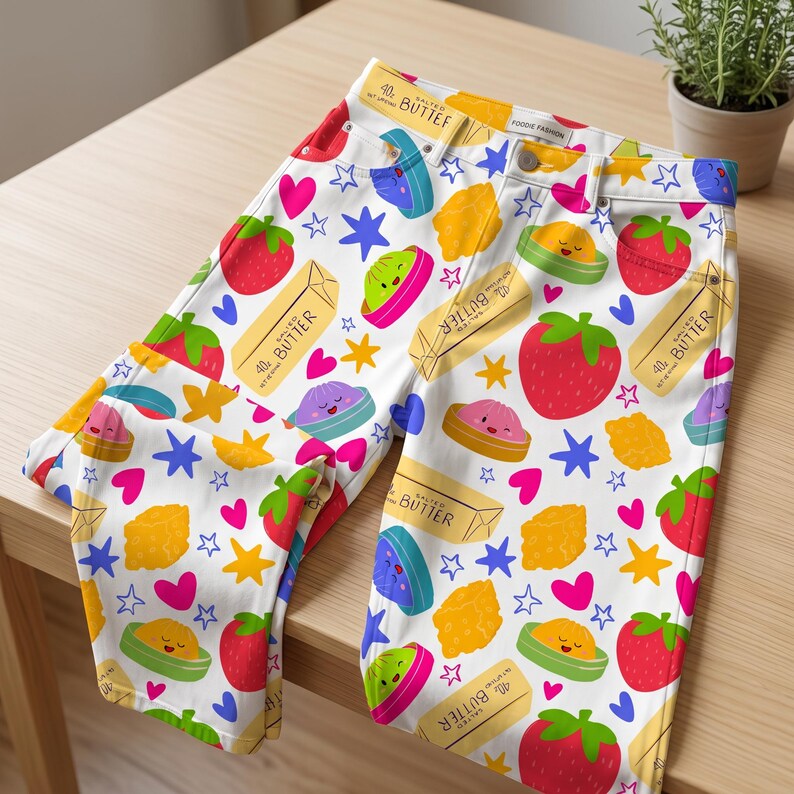 May include: White denim jeans featuring an all-over colorful print of red strawberries, yellow butter sticks labeled 40z SALTED BUTTER, pink and yellow hearts, blue and yellow stars, and small smiling food characters in bowls on a white background.