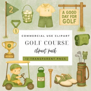 Golf Course Watercolor Clipart | Mały chłopiec golfista | Żółte i zielone obrazy PNG Golfa | Do użytku komercyjnego | Kije golfowe i akcesoria