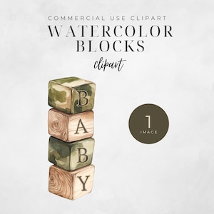 Puede incluir: Ilustración de acuarela de una pila de bloques de madera que deletrean la palabra "BABY". Los bloques están pintados con un patrón de camuflaje y tienen una textura de veta de madera.