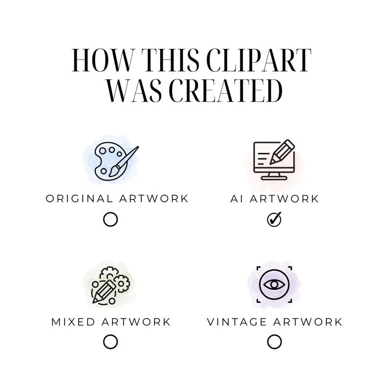 Peut inclure: Un graphique montrant comment une image clipart a &eacute;t&eacute; cr&eacute;&eacute;e. Les options sont &oelig;uvre originale, &oelig;uvre d'IA, &oelig;uvre mixte et &oelig;uvre vintage. L'option &oelig;uvre d'IA est coch&eacute;e.