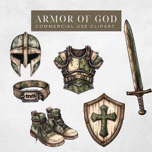 Puede incluir: Ilustración en acuarela de la Armadura de Dios, que incluye un casco, una coraza, un cinturón con hebilla "truth", botas, un escudo con una cruz y una espada. El texto "ARMOR OF GOD COMMERCIAL USE CLIPART" está en la parte superior.