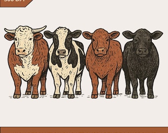 Hereford Cow Clipart: Cow Herd, Red Hereford, Black Hereford, Farm Animal PNG, Rustic Farm Design, Retro Cattle Download, For Commercial Use