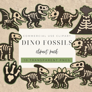 Clipart di fossili di dinosauro / PNG di scheletri di dinosauro per uso commerciale / PNG di vulcani, impronte, ossa preistoriche