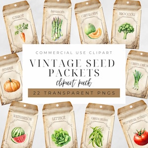 Vintage Samen Paket Clipart | PNG Clipart | Gartenarbeit Clipart | Obst und Gemüse Clipart Pack | Für Kommerzielle Nutzung