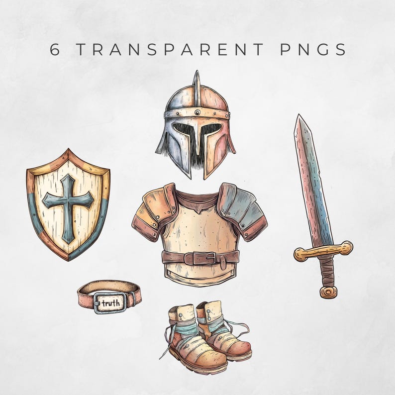 Peut inclure: Un ensemble de six illustrations dessin&eacute;es &agrave; la main d'une armure de chevalier, comprenant un casque, une cuirasse, un bouclier, une &eacute;p&eacute;e, des bottes et une ceinture avec le mot "v&eacute;rit&eacute;" sur une boucle. Les illustrations sont dans un style cartoon avec un effet aquarelle.