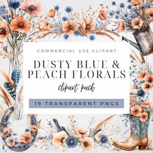 Dusty Blue & Pfirsich Boho Blumen Clipart-Set | Rustikaler Hochzeitsstrauß PNG | Brautparty Blumen | Für kommerzielle Nutzung | Wildblumen Strauß