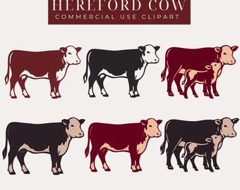 Hereford Cow Clipart: Red Hereford Cow, Black Hereford Cow, Calf, Farm Animal PNG, Rustic Farm Design, Cattle Download, For Commercial Use