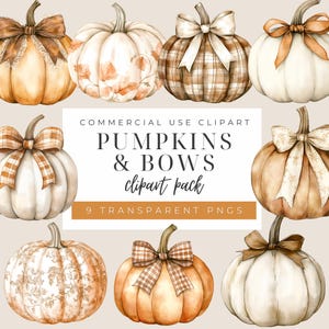 Watercolor Pumpkins and Bows Clipart | Coquette Bows | Fall PNGs | Orange Pumpkins | Plaid Fall Clipart | Lace Clipart