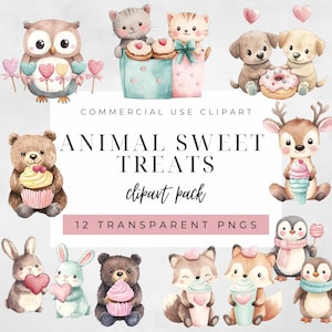 Watercolor Animals with Pastel Candy | Valentine&#39;s Day Clipart Collection | Donuts, Lollipops, Commercial Use, Transparent PNG&#39;s | Bear, Fox