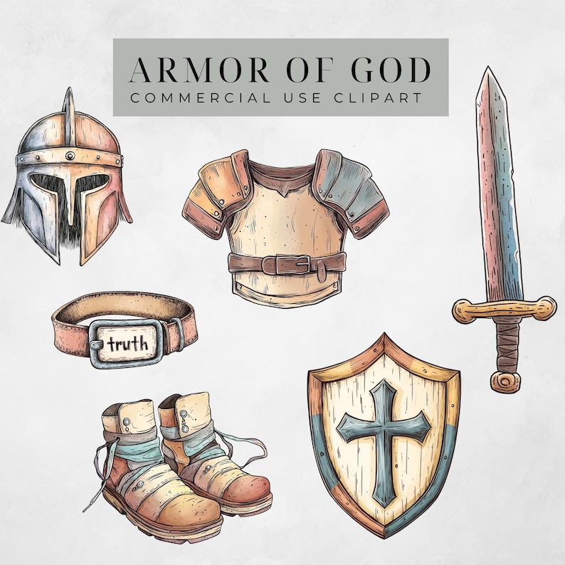 Peut inclure: Un ensemble d'illustrations dessin&eacute;es &agrave; la main repr&eacute;sentant l'armure de Dieu. L'ensemble comprend un casque, une cuirasse, une ceinture avec le mot "v&eacute;rit&eacute;" dessus, des bottes, un bouclier avec une croix et une &eacute;p&eacute;e. Les illustrations sont dans un style cartoon avec une esth&eacute;tique vintage.