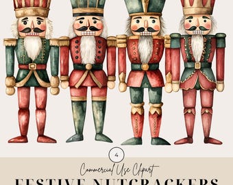 Conjunto de imágenes prediseñadas de Cascanueces: PNG navideños en tonos neutros suaves, rojo oscuro y verde / 4 Cascanueces navideños clásicos / Imágenes prediseñadas navideñas vintage