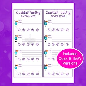 Dégustation de cocktails Carte de pointage pour jeu imprimable Téléchargement instantané 4 dégustations par carte, 2 cartes par page.  Versions couleur et noir et blanc.