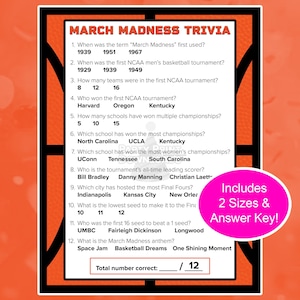 マーチ マッドネス NCAA カレッジ バスケットボール トーナメント ウォッチ パーティー トリビア ゲーム クイズ、すぐに印刷可能なデジタル ダウンロード。8.5x11、5x7、回答。