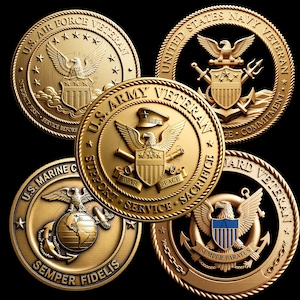 May include: A collection of five gold-colored military veteran challenge coins. Each coin features an eagle, the name of a branch of the U.S. military, and various patriotic phrases. The coins are arranged against a black background.