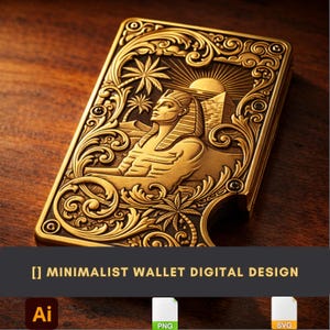 May include: A gold-colored wallet with an engraved Egyptian design featuring a pharaoh, palm trees, and a pyramid. The wallet has intricate floral and geometric patterns around the edges. The text "[] MINIMALIST WALLET DIGITAL DESIGN" is at the bottom.
