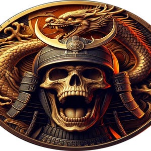 Samurai Skull Dragon Coin: 3D Laser Engraved Art (Digital Files)