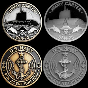 May include: Four circular coins with detailed designs. Two coins feature a submarine, dolphins, and a skull with crossbones, with the text "JIMMY CARTER" and "SSN-23". The other two coins display an anchor, star, and the text "U.S. NAVY" and "RUN SILENT RUN DEEP".