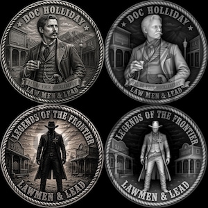 May include: Four grayscale medallions featuring Western figures. Two depict Doc Holliday with text "I'll be your huckleberry" and "Law Men & Lead." The other two show a lawman with "Legends of the Frontier" and "Lawmen & Lead."