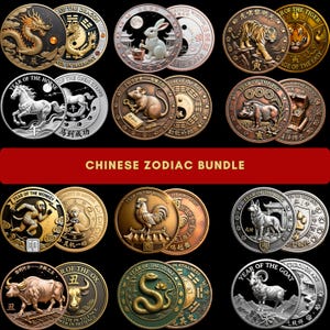 May include: A collection of twelve Chinese Zodiac coins, each featuring a different animal and corresponding Chinese characters. The coins are in gold, silver, and bronze tones, with detailed relief designs. The text "CHINESE ZODIAC BUNDLE" is displayed on a red banner.