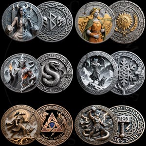 May include: A collection of intricately detailed round metal coins featuring Norse mythology themes. Each coin showcases different figures, symbols, and inscriptions, including depictions of gods, runes, and phrases like "Thor's Oath."