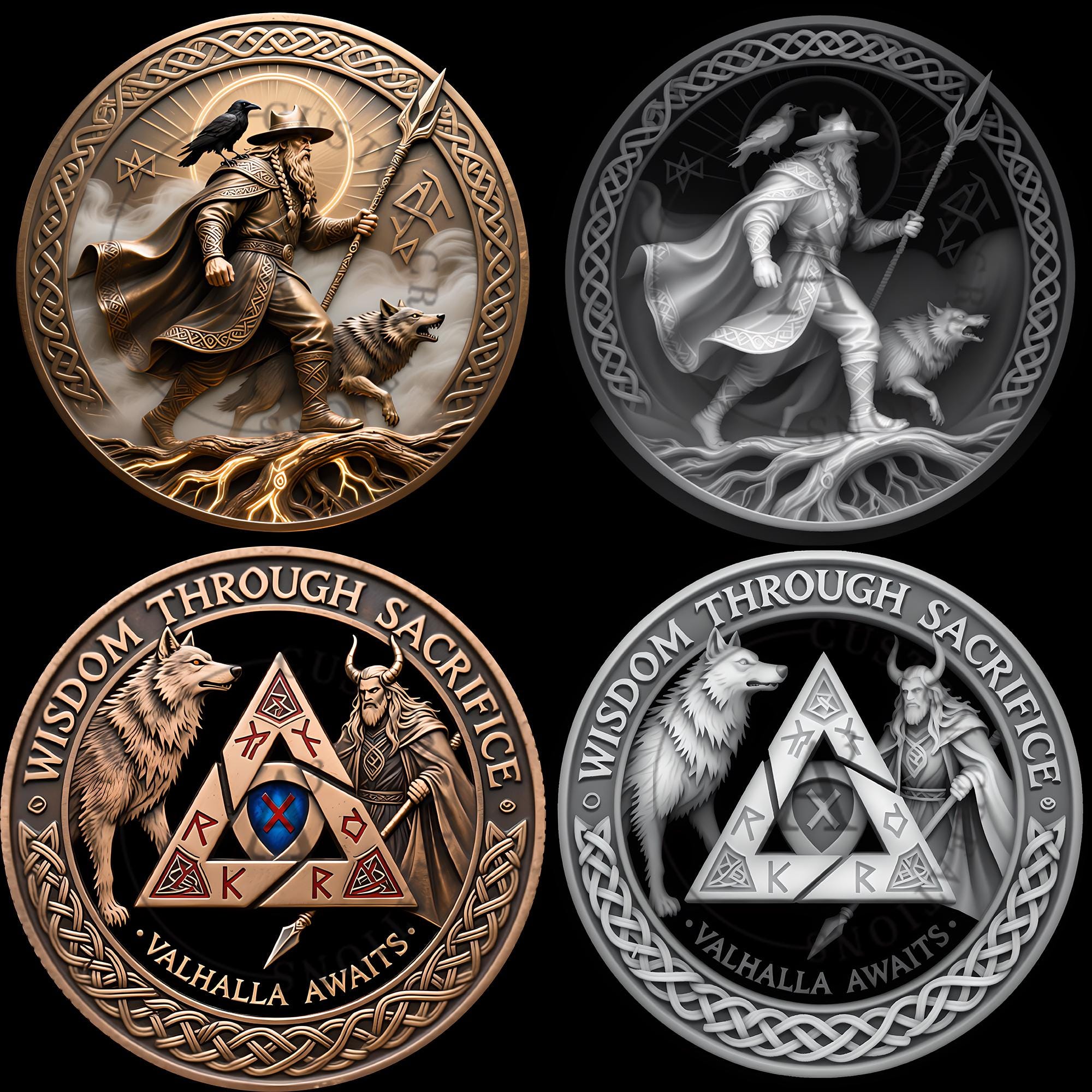 オーディンチャレンジコインデザイン：北欧神話の3D浅浮き彫り（デジタルダウンロードSTLファイル）