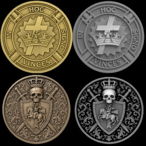 May include: Four circular medallions with detailed relief work. Two are gold-toned, featuring a cross, crown, and the text "HOC SIGNO VINCES." The other two are bronze and grey, depicting a skull, swords, and a knight on horseback. The medallions have intricate designs.
