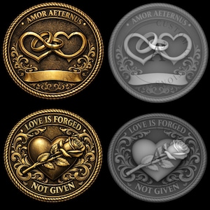 May include: Four circular medallions with detailed designs. Two feature intertwined hearts and the text "AMOR AETERNUS." The other two display a heart and rose with the text "LOVE IS FORGED" and "NOT GIVEN." The designs are in gold and grayscale.
