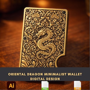 Puede incluir: Una cartera minimalista dorada con un diseño de dragón oriental en relieve. La cartera presenta intrincados patrones florales y un dragón en el centro. El texto "ORIENTAL DRAGON MINIMALIST WALLET DIGITAL DESIGN" se muestra en la parte inferior.