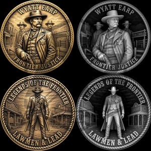 May include: Four circular medallions with Western themes. Two medallions depict Wyatt Earp with the text "WYATT EARP FRONTIER JUSTICE". The other two medallions show a lawman with the text "LEGENDS OF THE FRONTIER LAWMEN & LEAD".