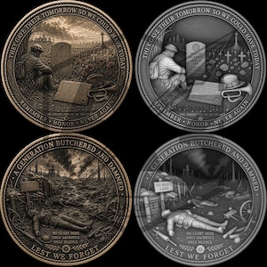 May include: Four circular commemorative coins with detailed illustrations. Two coins depict a soldier at a grave, with text including "They Gave Their Tomorrow" and "Remember." The other two coins show a war scene with text "A Generation Butchered and Damned" and "Lest We Forget."