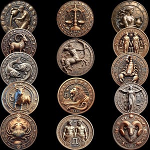 Può includere: Una collezione di medaglioni con segni zodiacali color bronzo. Ogni medaglione presenta un rilievo dettagliato di un simbolo zodiacale, tra cui Bilancia, Leone e Gemelli. I medaglioni sono disposti su uno sfondo nero.