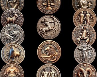 May include: A collection of bronze-colored zodiac sign medallions. Each medallion features a detailed relief of a zodiac symbol, including Libra, Leo, and Gemini. The medallions are arranged against a black background.