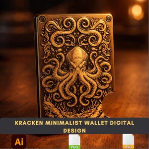May include: A gold-colored minimalist wallet with an embossed octopus design. The wallet features intricate details and the text "KRACKEN MINIMALIST WALLET DIGITAL DESIGN". The design includes a cut-out for easy access.