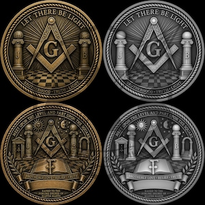 Puede incluir: Cuatro medallones masónicos con diseños intrincados. Los dos superiores presentan el símbolo de la escuadra y el compás con el texto "LET THERE BE LIGHT" y "BROTHERHOOD TRUTH LIGHT". Los dos medallones inferiores incluyen el texto "MEET UPON THE LEVEL AND PART UPON THE SQUARE" y "BROTHERLY LOVE RELIEF TRUTH".