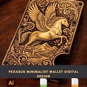 May include: A gold-colored wallet with a detailed engraving of a winged horse, the Pegasus. The design includes floral and scrollwork patterns. The text "PEGASUS MINIMALIST WALLET DIGITAL DESIGN" is displayed on a dark banner at the bottom.