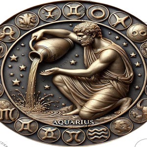 May include: A circular, bronze-coloured zodiac wheel with a 3D sculpture of the astrological sign Aquarius. The sculpture depicts a figure pouring water from a pitcher. The wheel is decorated with the twelve zodiac signs and stars.